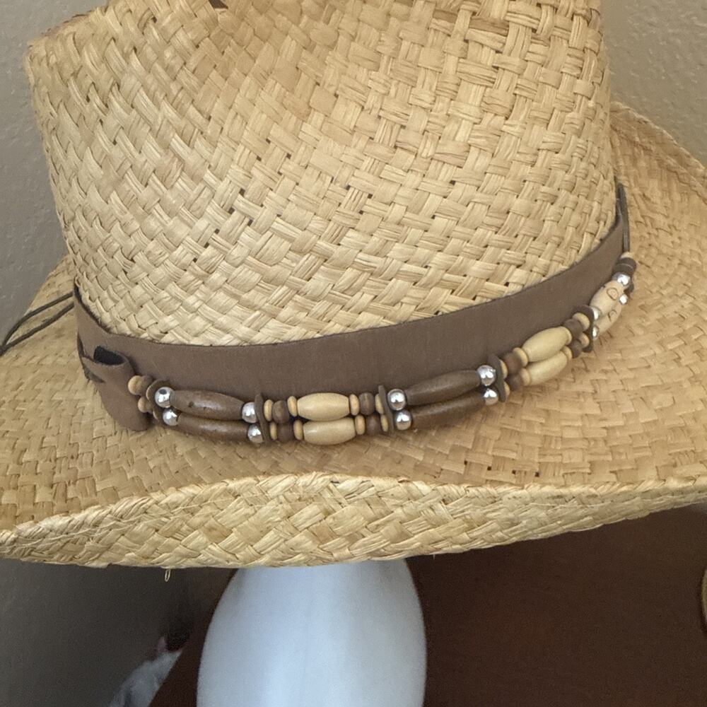 Henschel Hat Co Straw Cowboy Hat Medium With Leather And Beads Hatband Made USA - Picture 8 of 14